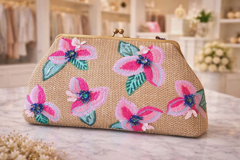 Grace Raffia Oversized Kiss Lock Clutch with Floral Embroidery-Playful Petals