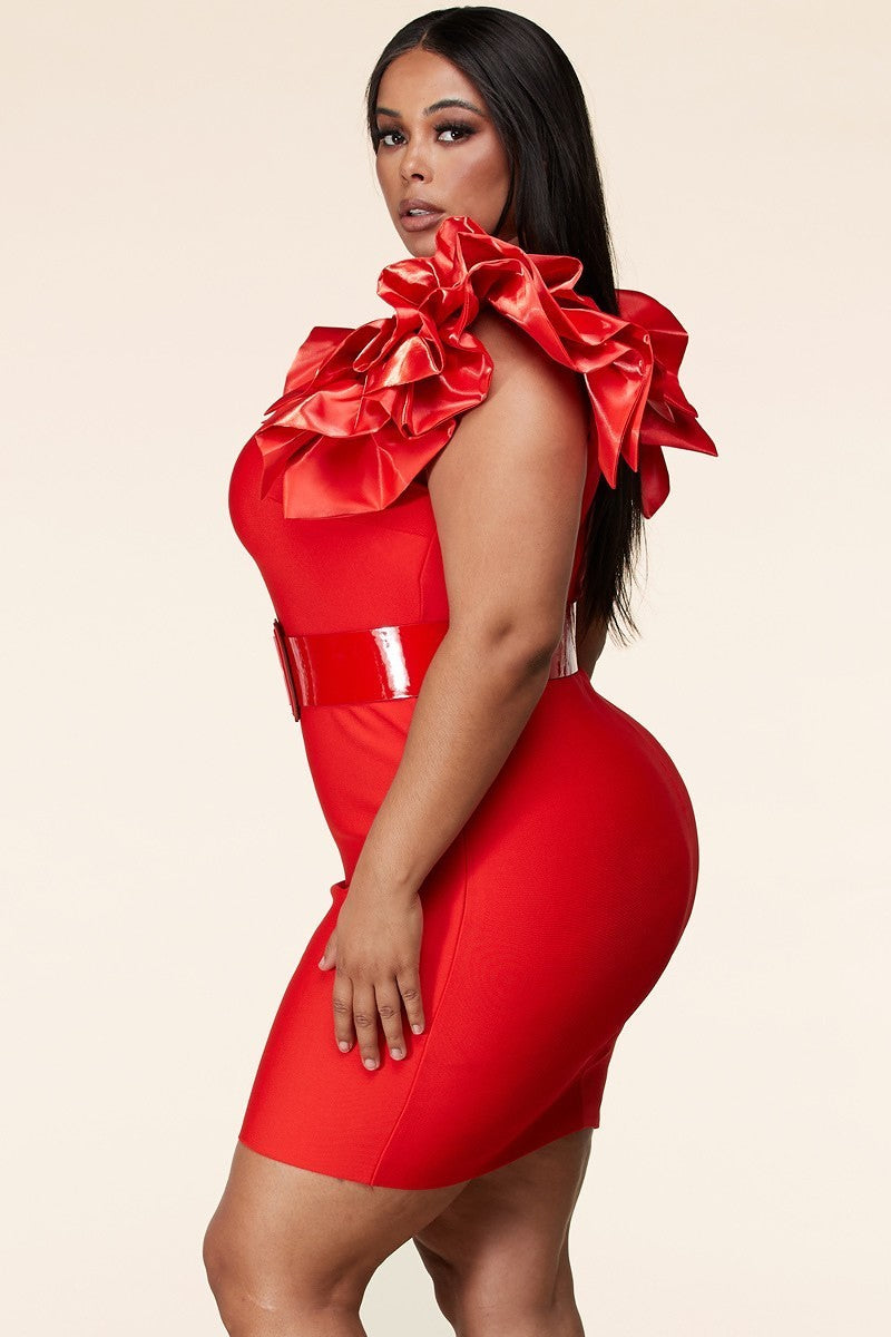 101923 Red Statement sleeve bandage mini dress w Belt