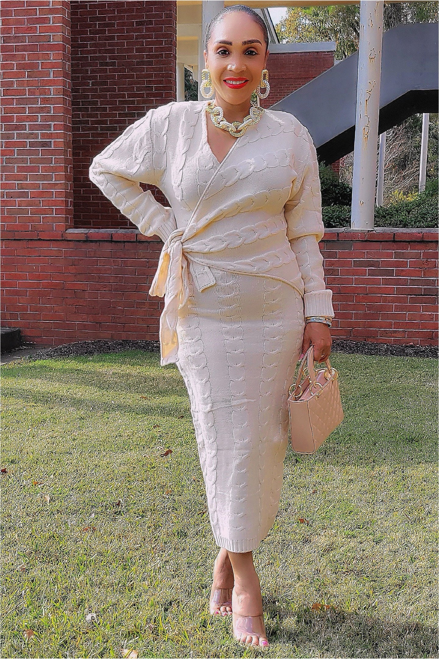 101823 Cream Knitted V Wrapped Midi Dress