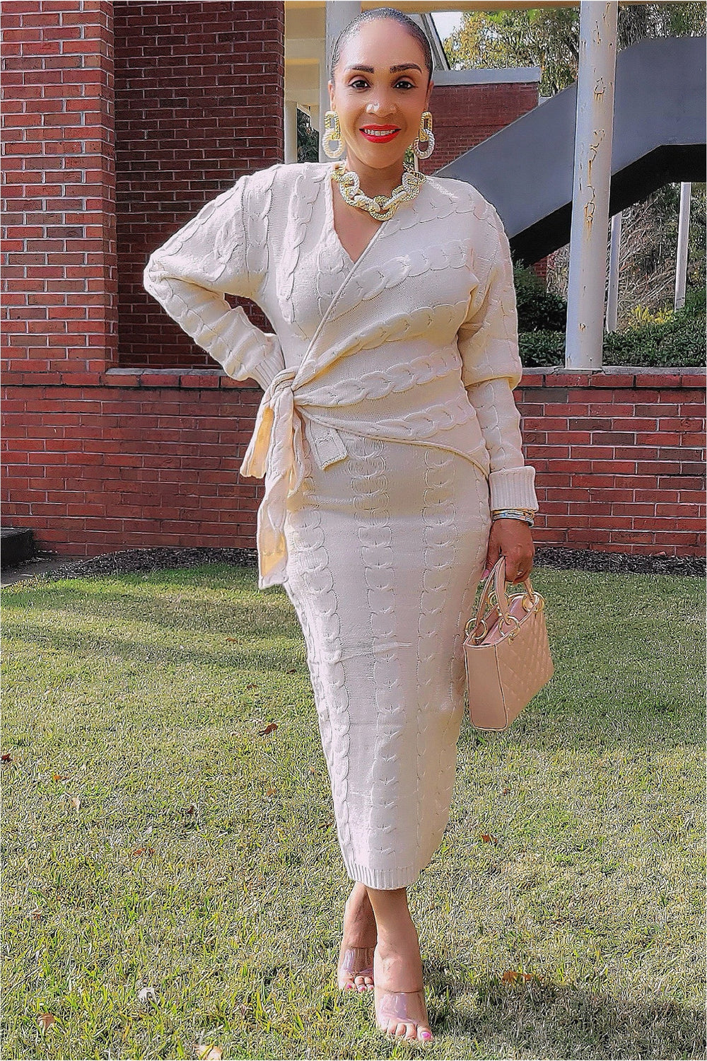 101823 Cream Knitted V Wrapped Midi Dress