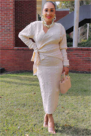 101823 Cream Knitted V Wrapped Midi Dress