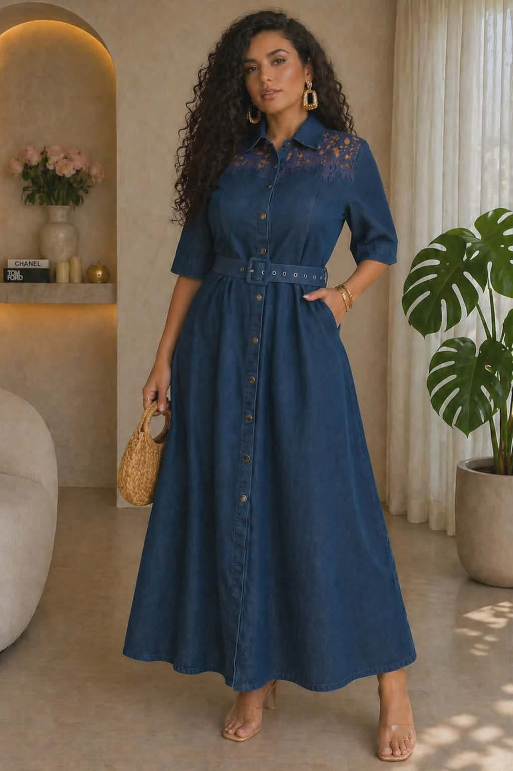 042326 The Blue Casual Belted Stretchable Denim Maxi Dress