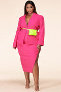 102423 3 Pieces Set Hot Pink Plus Size Skirt Blazer with Fanny Pack