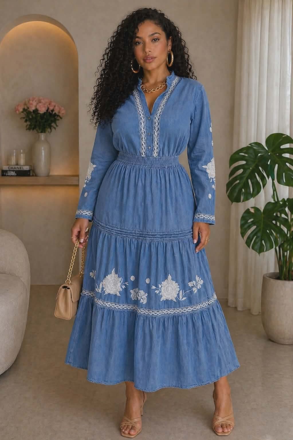 012225 Soft Denim Set Skirt And Long Sleeve Blouse.