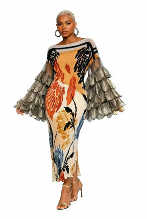 041626   Orange Multi Golden Bloom Ruffle Sleeves Dress  PREORDER