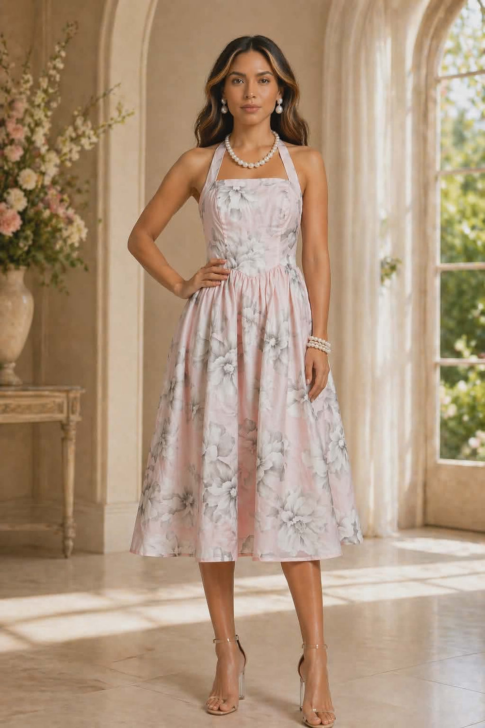 042326 The Pink Watercolor Floral Halter Midi Dress
