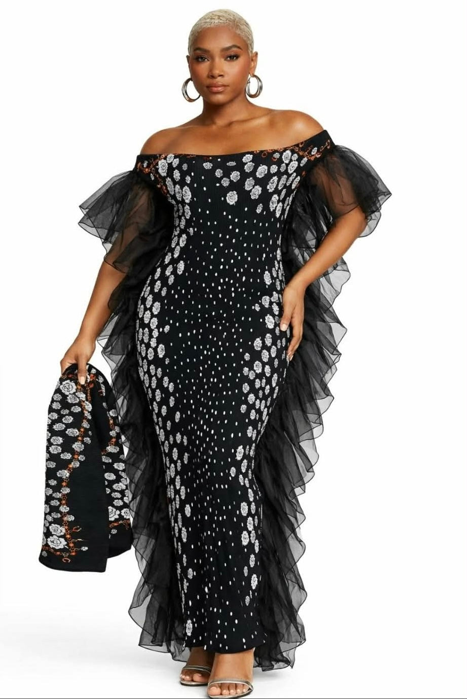 041626 Black Off-shoulder Printed Ruffle Dress