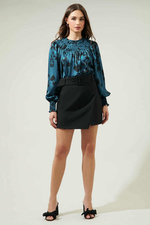 040925 Spring Teal Black Florals V Mock Neck Smock Blouse