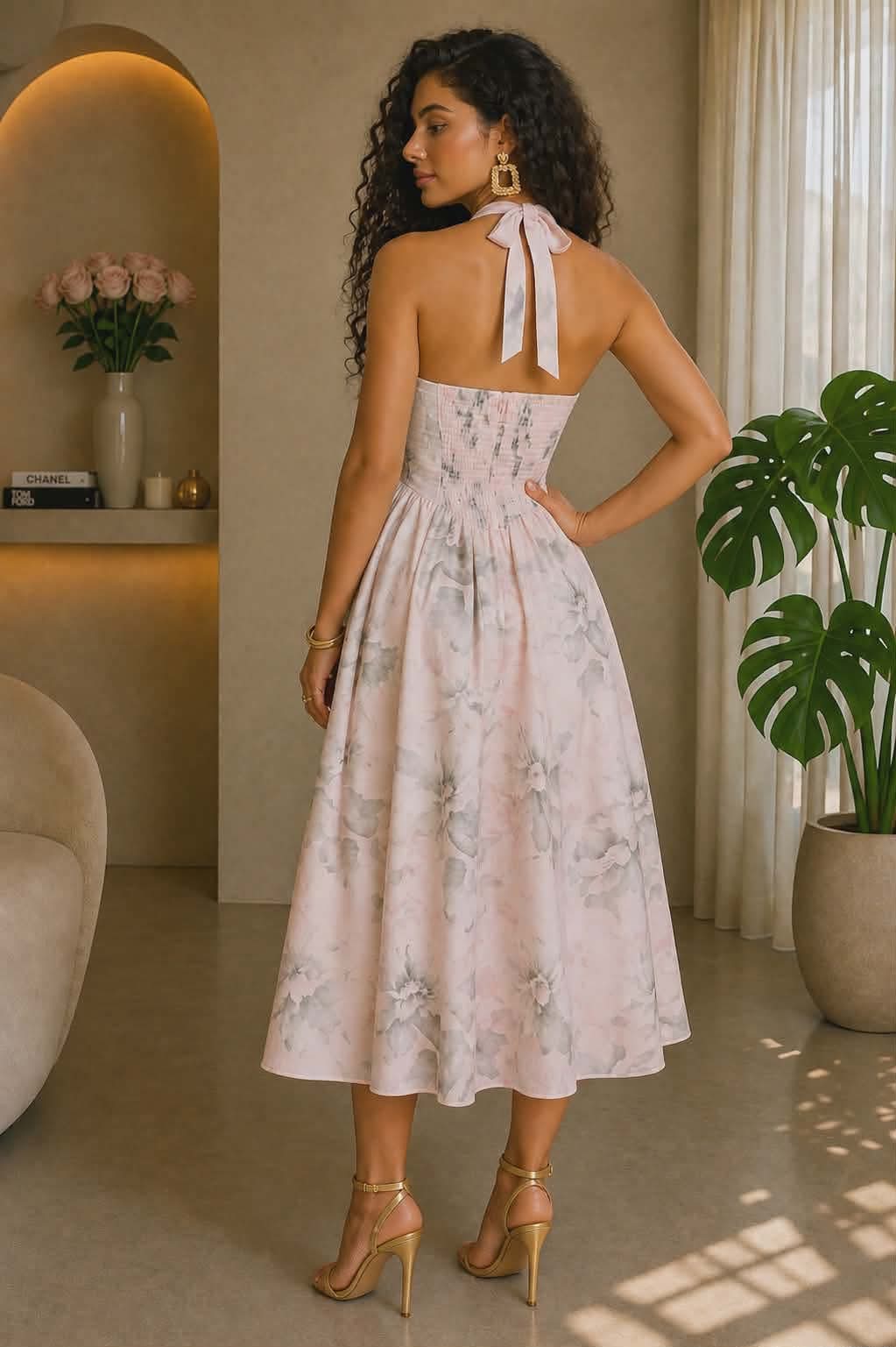 042326 The Pink Watercolor Floral Halter Midi Dress