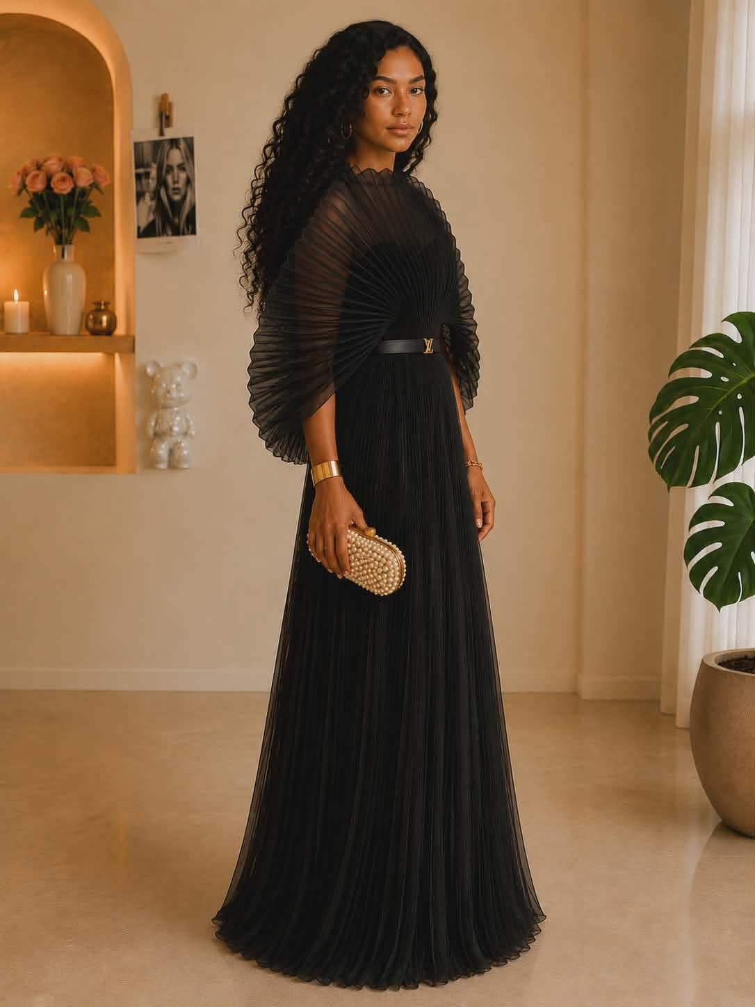 111225  The Black Midnight Goddess Gown with Belt