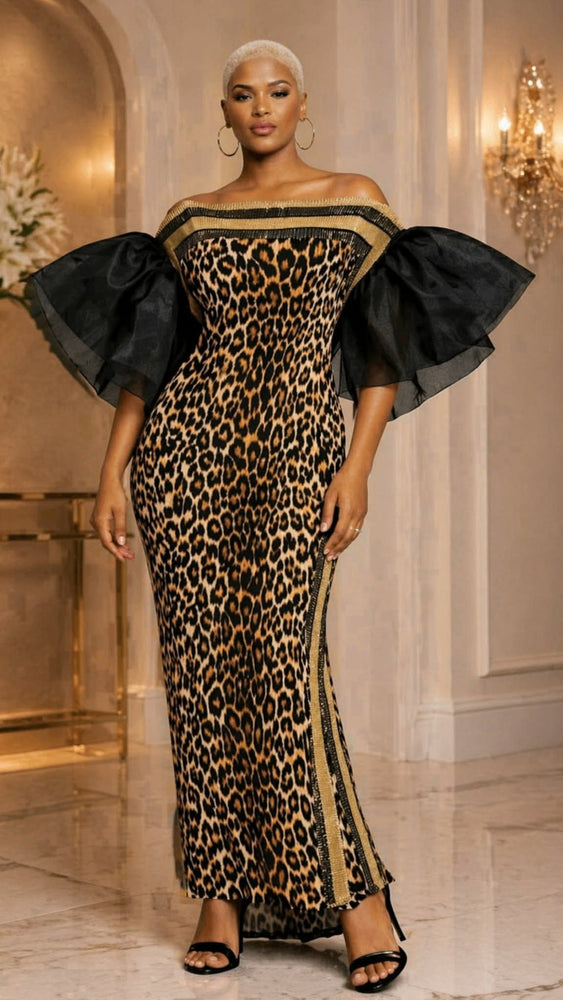 041626 Bold Leopard Print W/ Dramatic Sheer Sleeves Dress   PREORDER