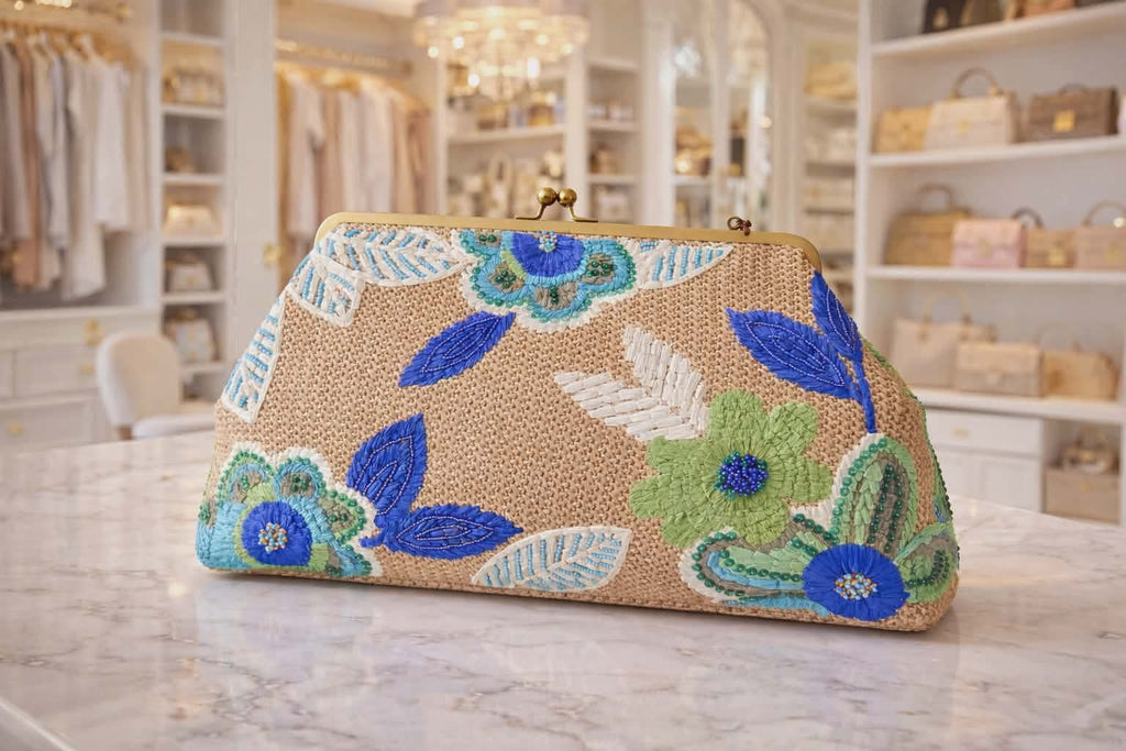 Grace Raffia Oversized Floral Embroidered Kiss Lock  Clutch- Cool Lagoon