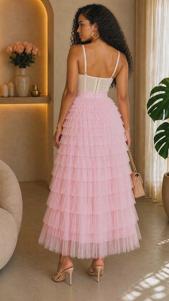 041326 Blush Cascading Tulle Mesh Tiered Max Skirt PREORDER