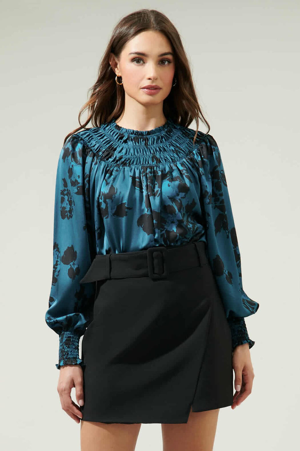 040925 Spring Teal Black Florals V Mock Neck Smock Blouse