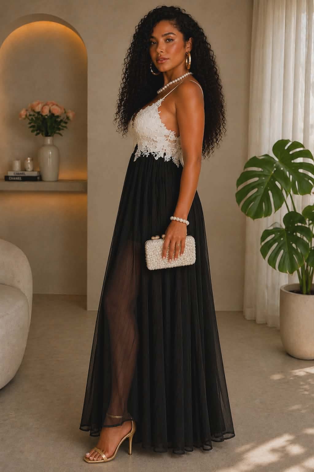 062725 Black & White Crochet Top Details Sleeveless Maxi Dress Medium