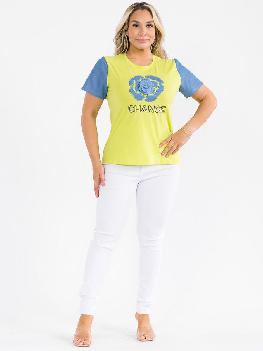 021226 Denim Yellow Fluo Flowers details Graphic Top