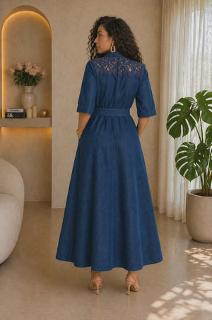 042326 The Blue Casual Belted Stretchable Denim Maxi Dress