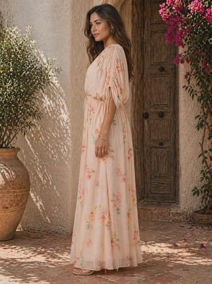042326 Pink Floral Print V Neck Maxi Dress