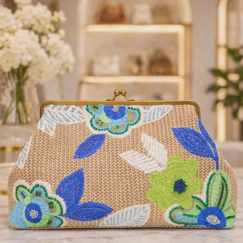 Grace Raffia Oversized Floral Embroidered Kiss Lock  Clutch- Cool Lagoon