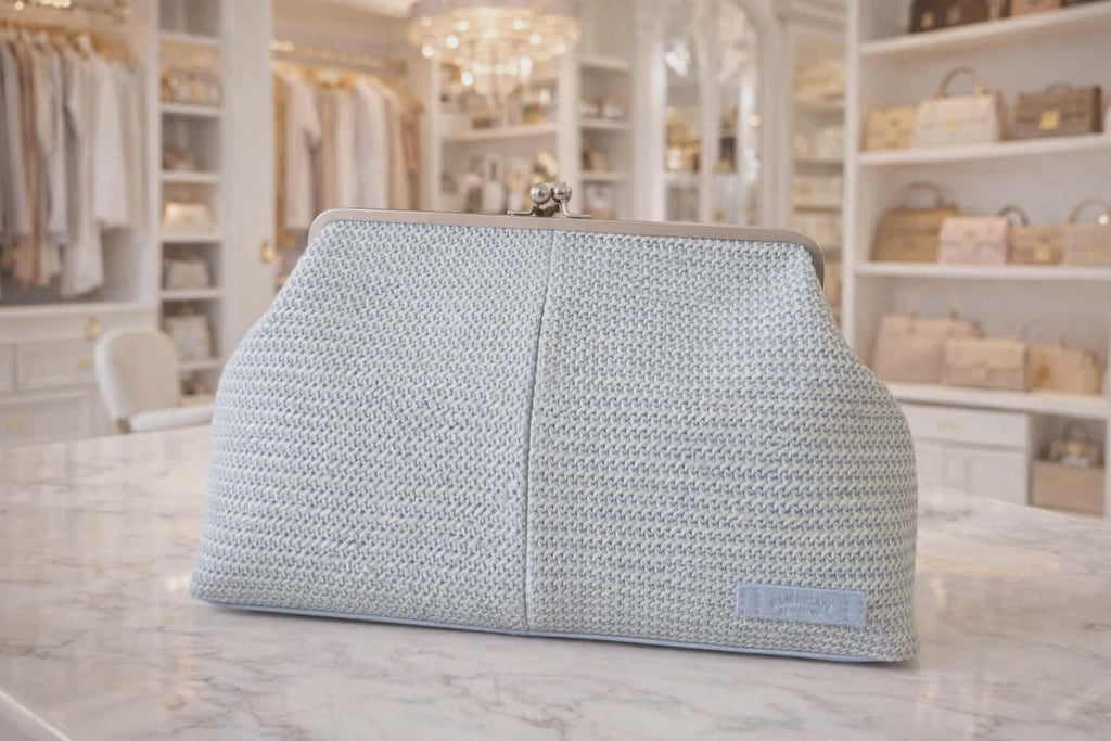 Grace Raffia Oversized Kiss Lock Clutch- Blue Aura Raffia
