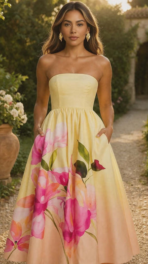 042226 Yellow Garden Strapless Maxi dress