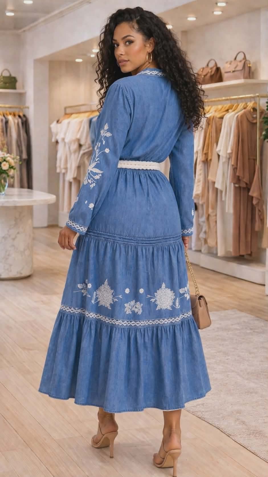 012225 Soft Denim Set Skirt And Long Sleeve Blouse.