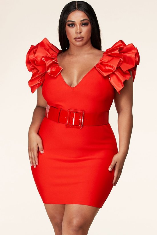 101923 Red Statement sleeve bandage mini dress w Belt
