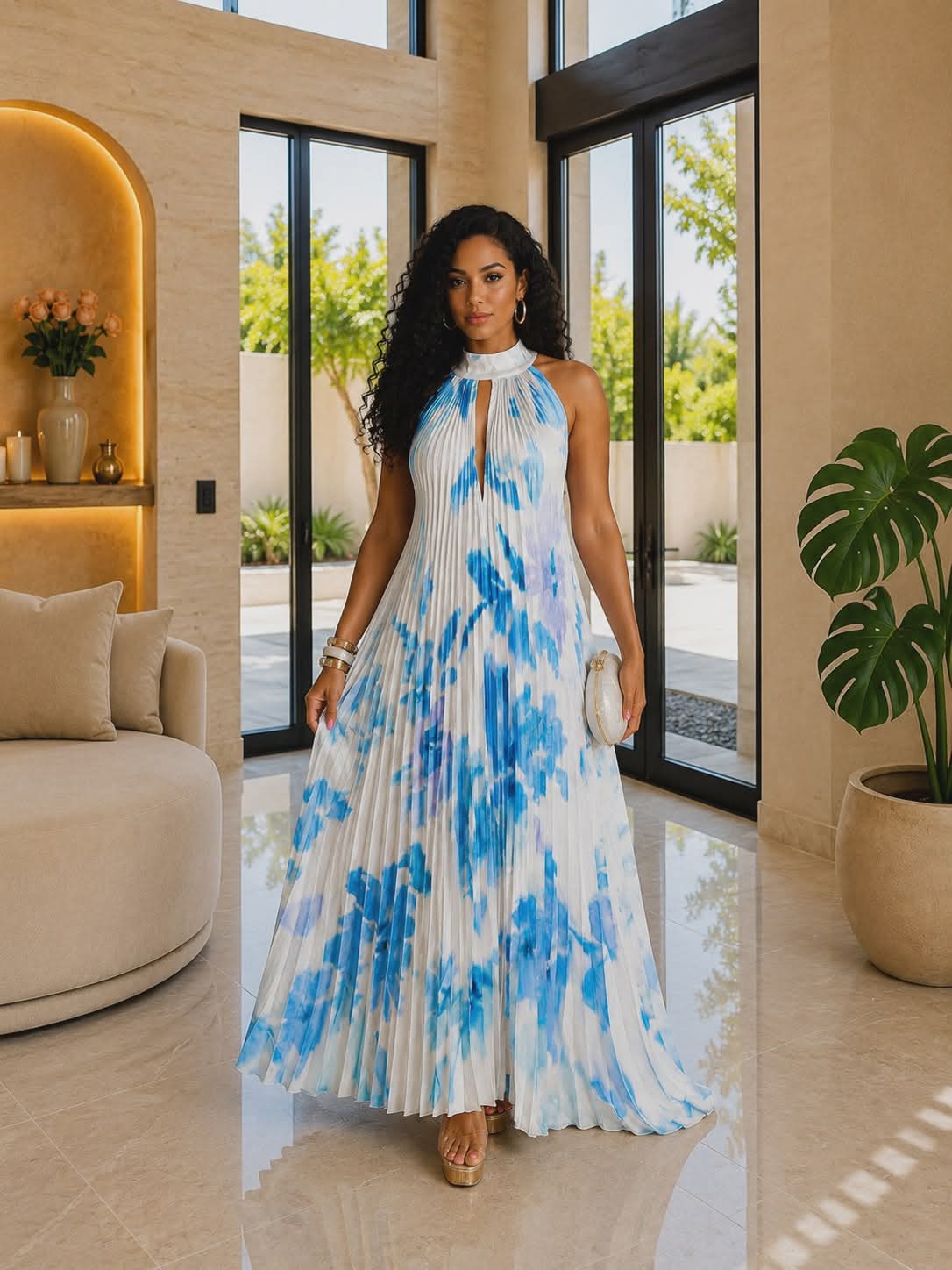 020525 The Blue Tie Dye Pleated Key Hole Open Back Maxi Dress