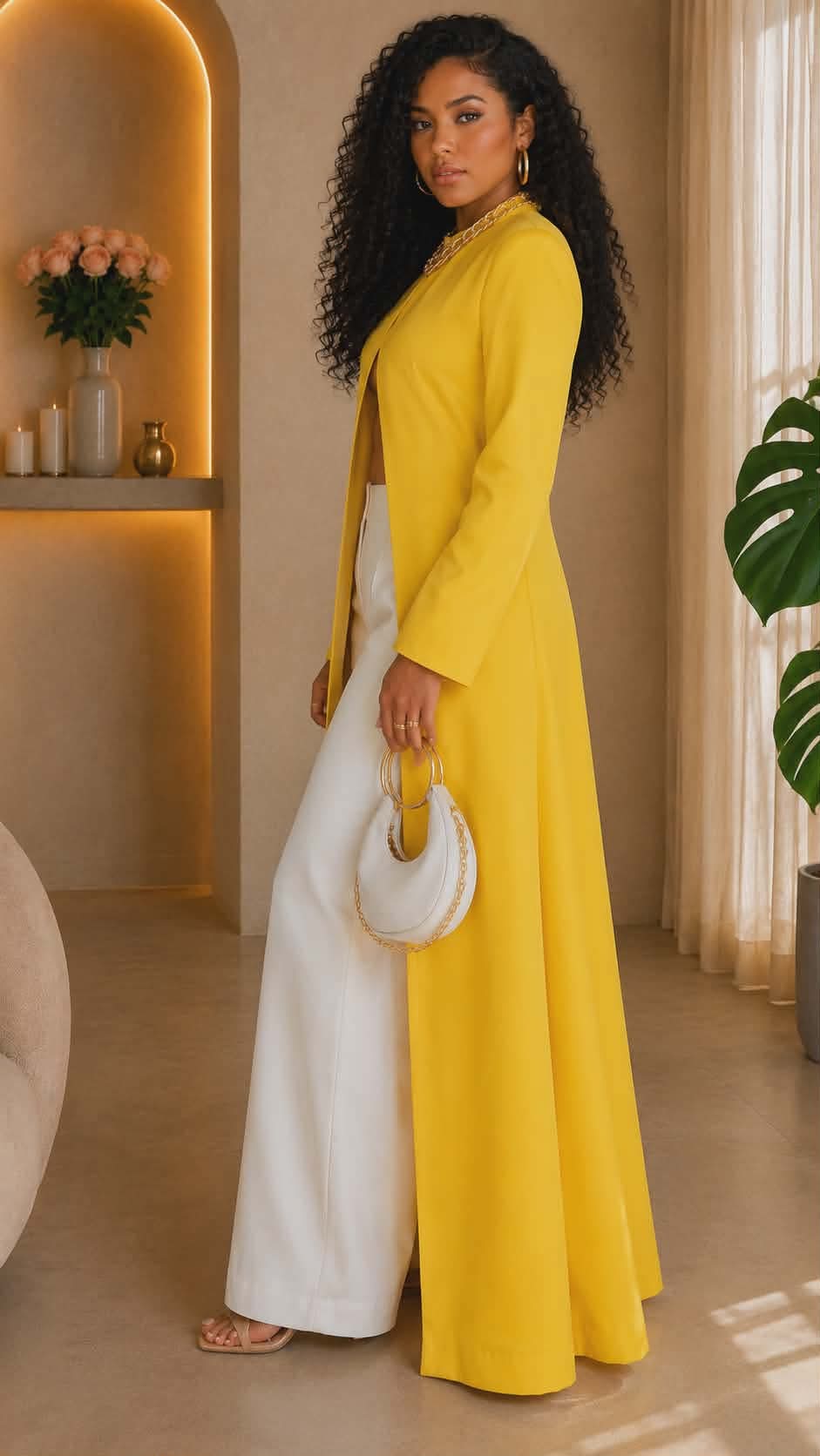020123 The white & Yellow Majesty  Top/Pant Set with Necklace