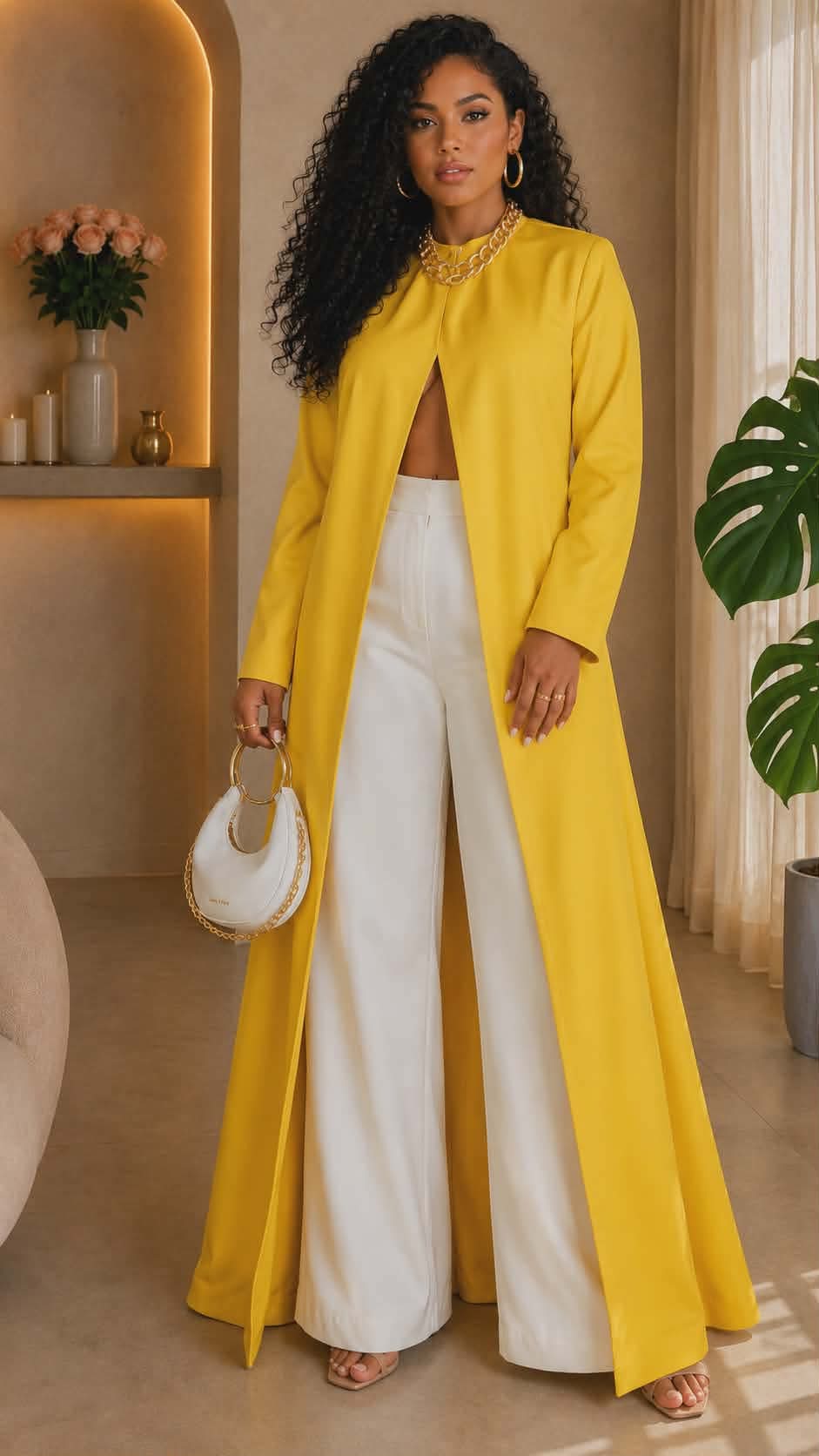 020123 The white & Yellow Majesty  Top/Pant Set with Necklace