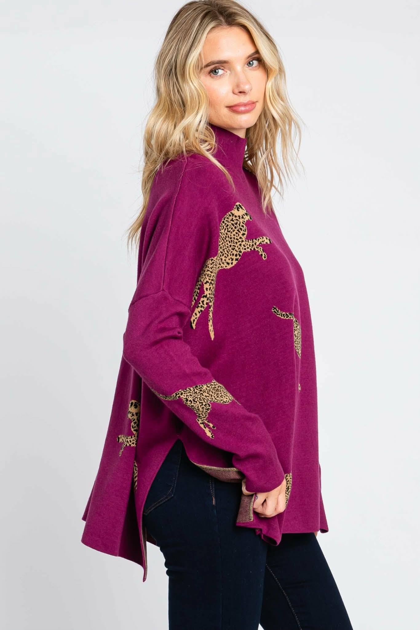 021126 Plum Mock Neck Graphic Pullover Oversized Sweater