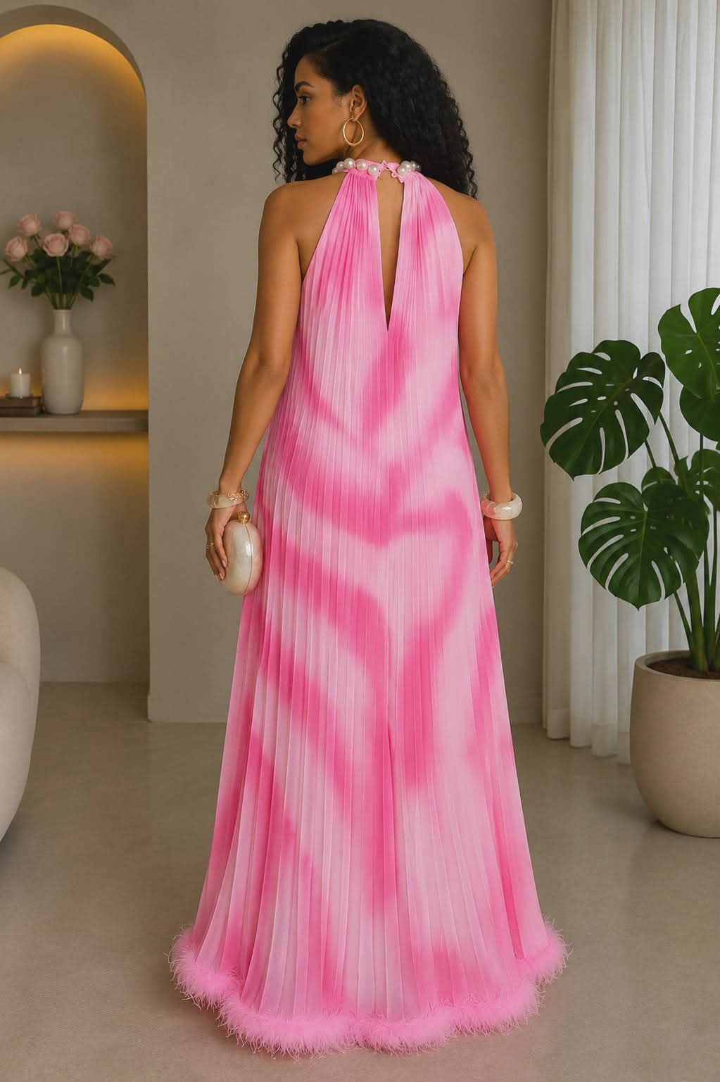 041325 Pink Dye Pleated Feathers Maxi Dress with Pearls Neckline
