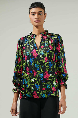 040925 Spring Black Florals V Neck Ruffle Sleeve Blouse