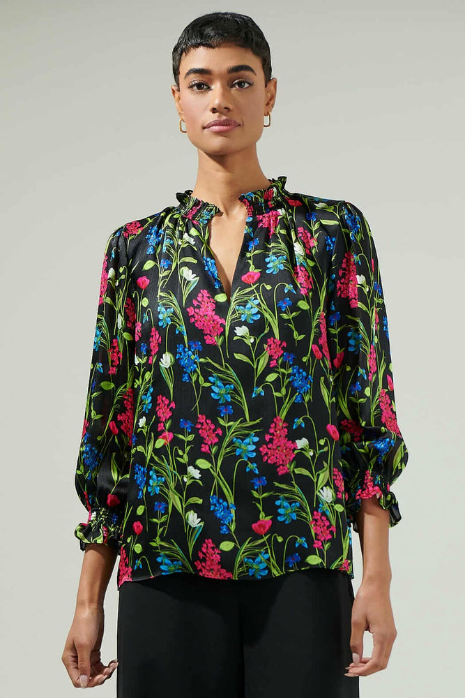 040925 Spring Black Florals V Neck Ruffle Sleeve Blouse