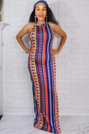 060823 Orange/Navy Blue Multi Print Maxi Dress with Scarf