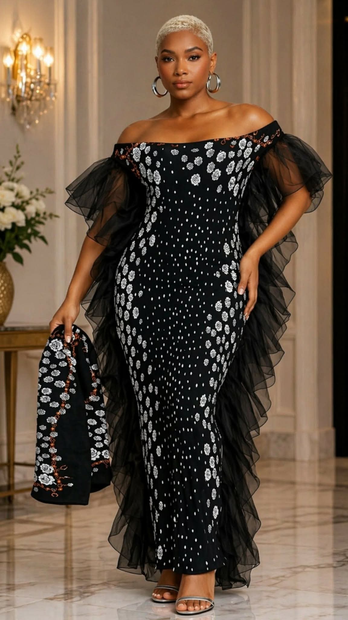041626 Black Off-shoulder Printed Ruffle Dress