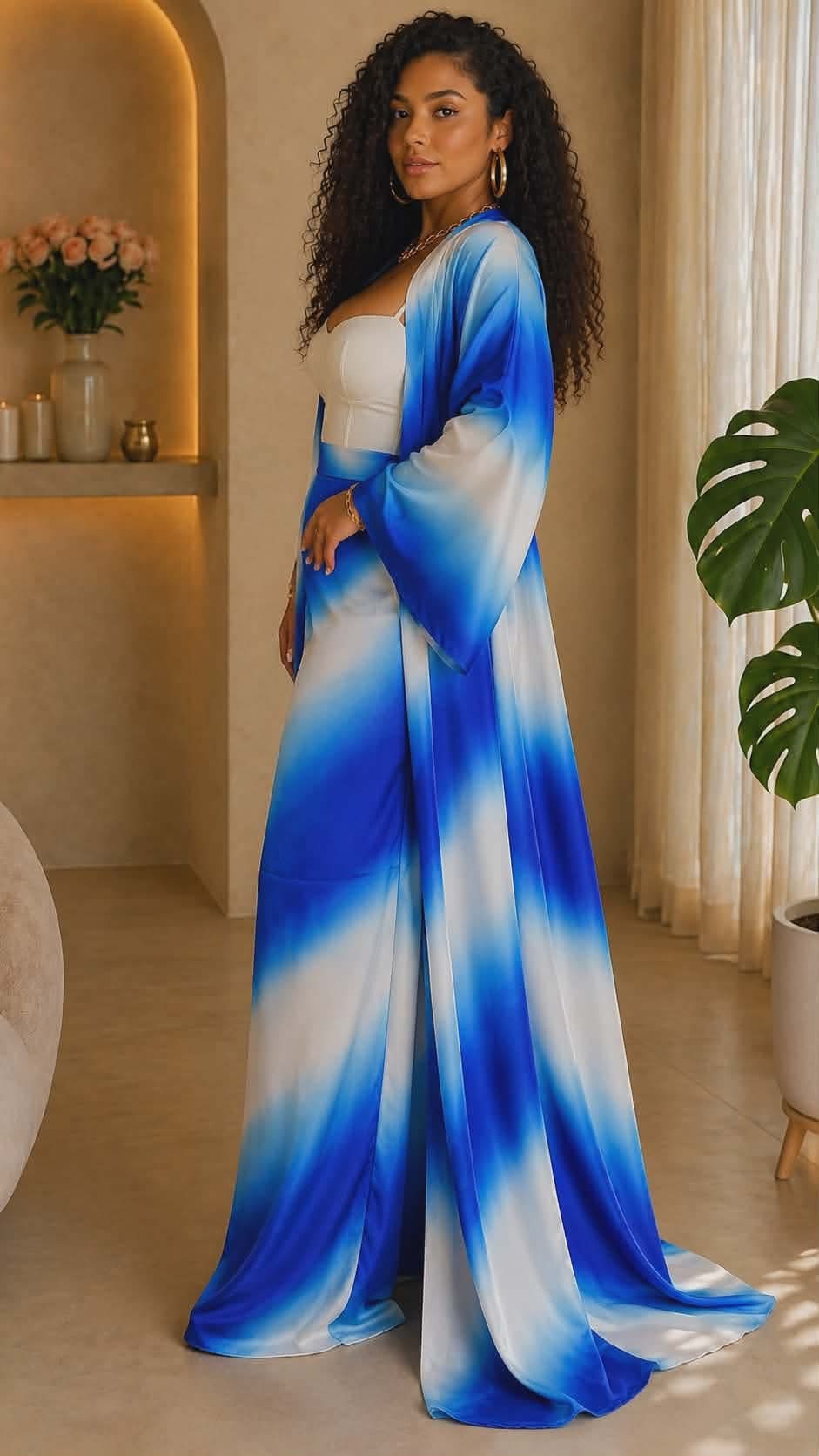 042623 The Blue Sky Vacation Duster & Wide Leg Palazzo Pant Set