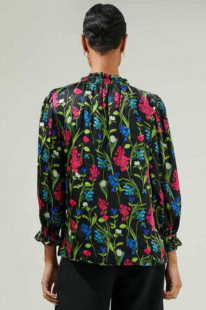 040925 Spring Black Florals V Neck Ruffle Sleeve Blouse