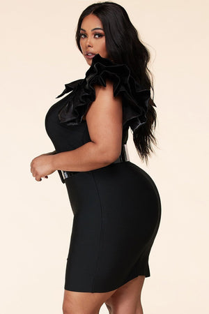 101923 Black Statement sleeve bandage midi dress w Belt