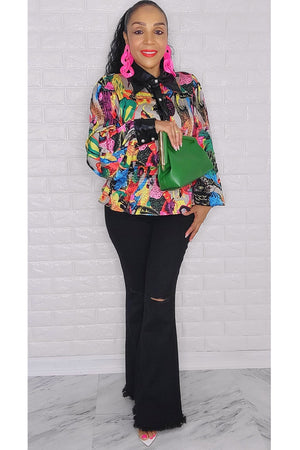 102423  The Printed Long Sleeve Leather Details Top