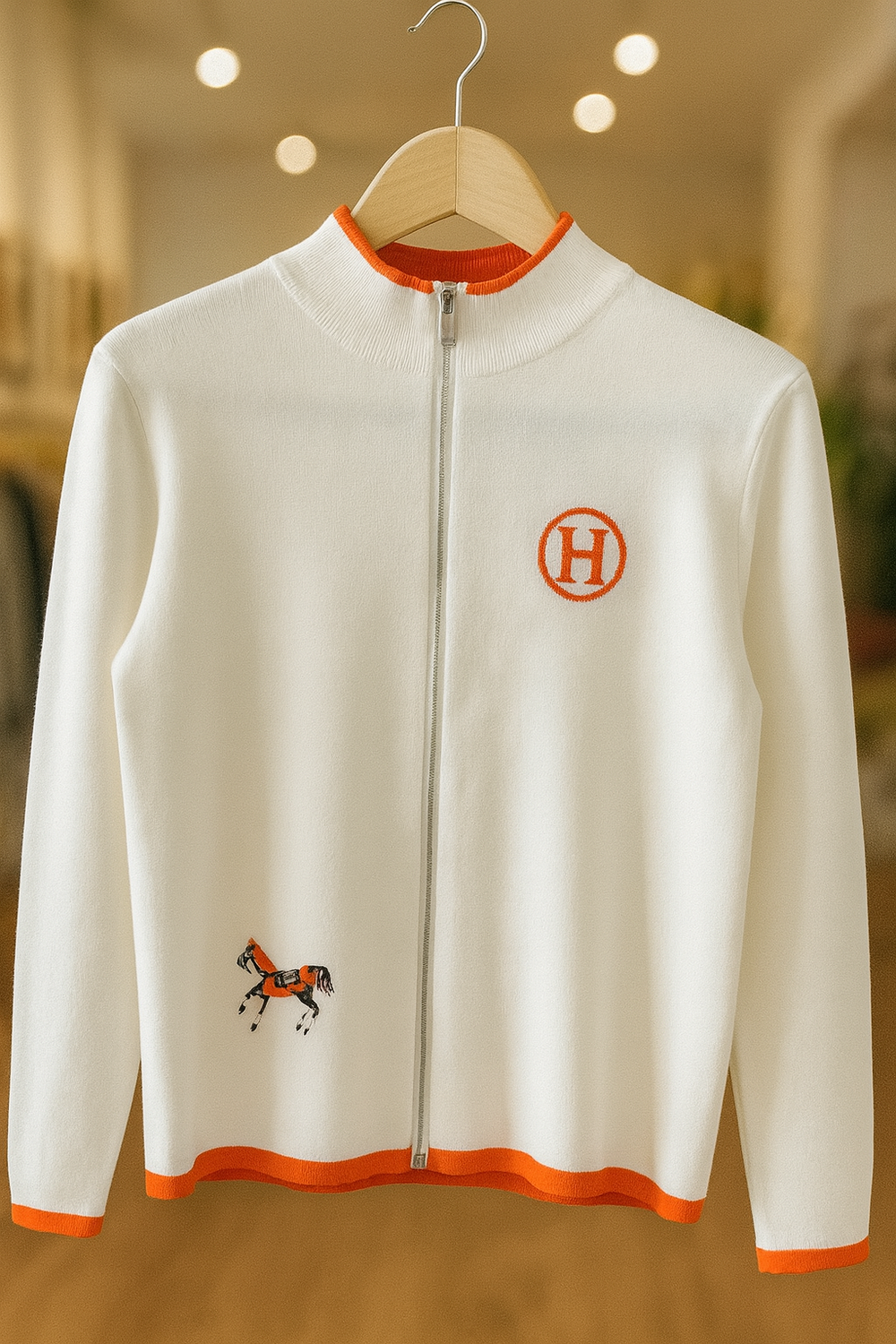 112025 Cream & Orange Signature Horse Knit Zip Jacket & Skirt Set Preorder