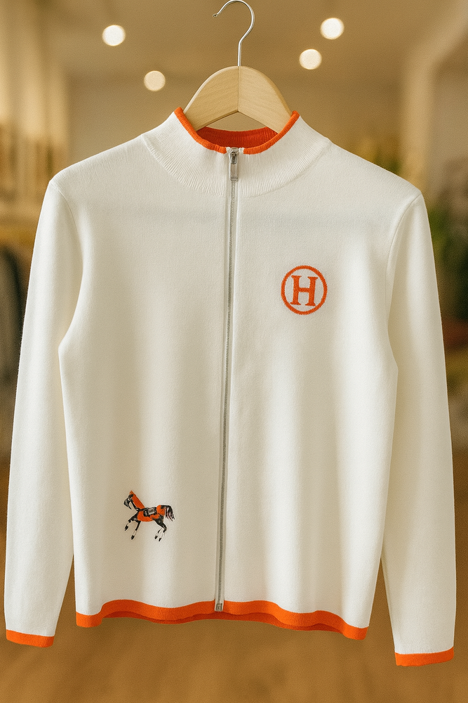 112025 Cream & Orange Signature Horse Knit Zip Jacket & Skirt Set Preorder