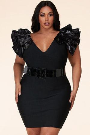 101923 Black Statement sleeve bandage midi dress w Belt