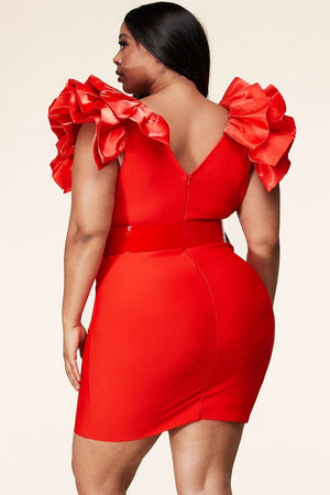 101923 Red Statement sleeve bandage mini dress w Belt