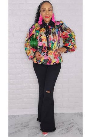 102423  The Printed Long Sleeve Leather Details Top