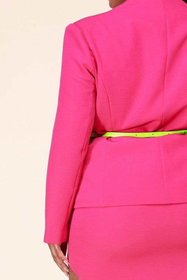 102423 3 Pieces Set Hot Pink Plus Size Skirt Blazer with Fanny Pack