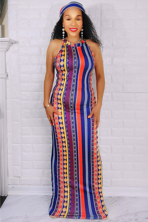 060823 Orange/Navy Blue Multi Print Maxi Dress with Scarf