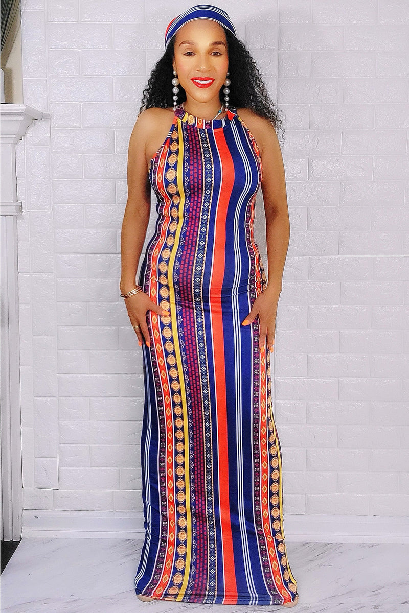 060823 Orange/Navy Blue Multi Print Maxi Dress with Scarf