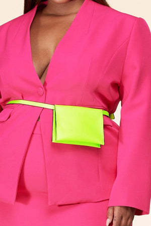 102423 3 Pieces Set Hot Pink Plus Size Skirt Blazer with Fanny Pack