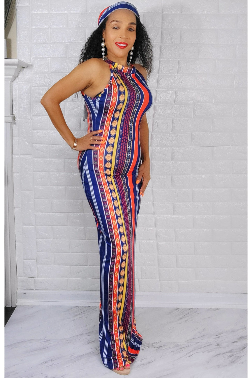 060823 Orange/Navy Blue Multi Print Maxi Dress with Scarf